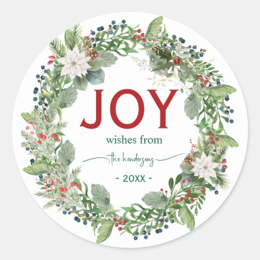 Christmas Joy Wreath Name Handwritten Script Red ラウンドシール (正面)