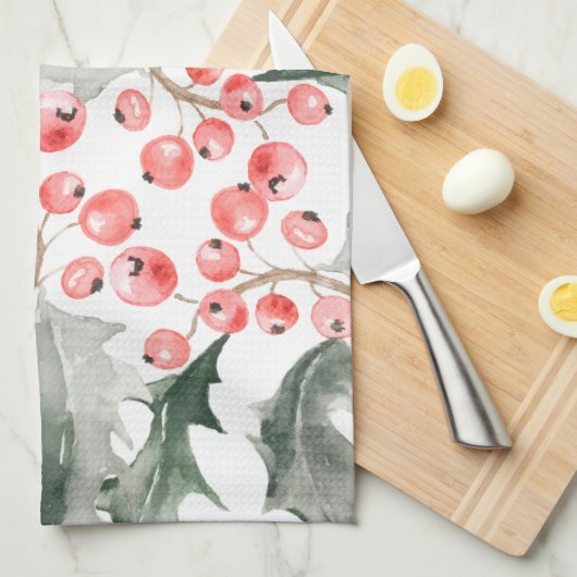 Christmas Kitchen Towel Red and Green Holly キッチンタオル (四つ折り)