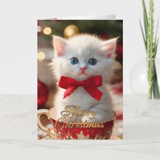 Christmas Kitten in a tea cup holiday card シーズンカード (正面)