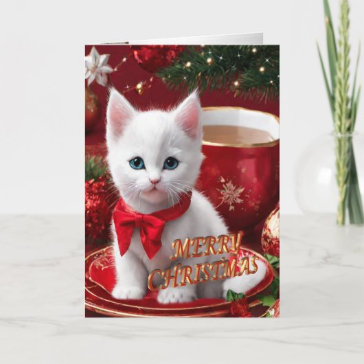 Christmas Kitten in a tea cup holiday card シーズンカード (正面)