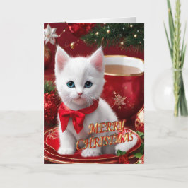 Christmas Kitten in a tea cup holiday card シーズンカード
