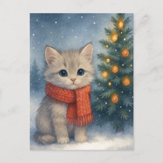 Christmas Kitten Postcard Cute Cat in Red Scarf  ポストカード (正面)