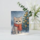 Christmas Kitten Postcard Cute Cat in Red Scarf  ポストカード (スタンド正面)