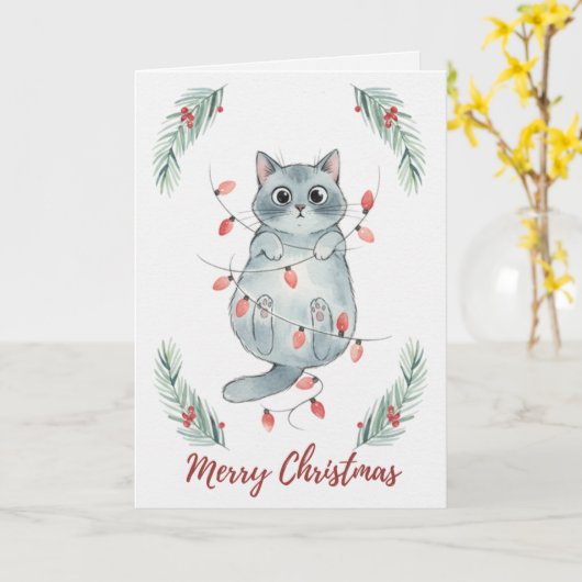 Christmas Kitten Tangled in Lights Card カード (黄色い花)