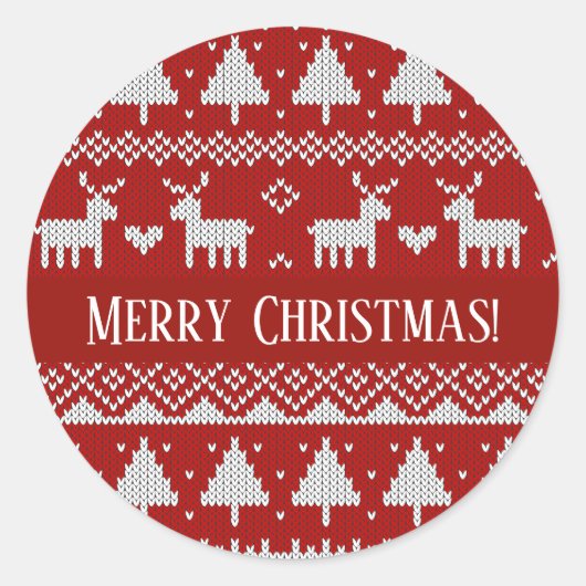 Christmas Knitted Sweater Red and White Ornaments  ラウンドシール (正面)