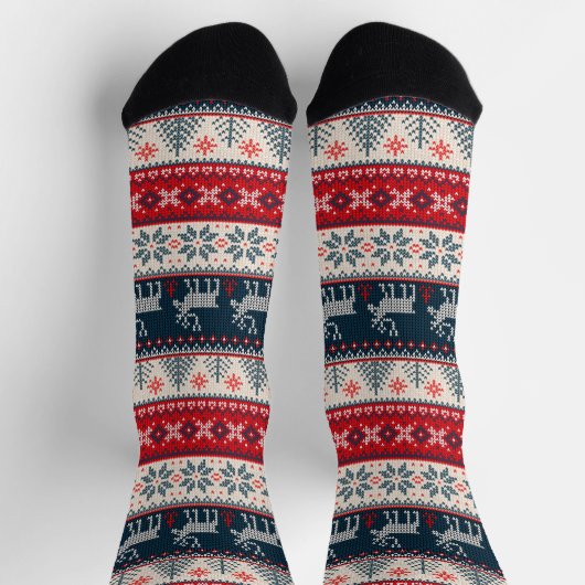 Christmas Knitting Pattern Reindeer ソックス (上部)