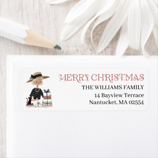 Christmas Lady & Cat Personalized Return Address ラベル (インサイチュ)
