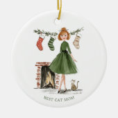 Christmas Lady with Cat Personalized Photo セラミックオーナメント (正面)