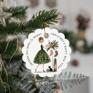 Christmas Lady with Cat Personalized Plaid Holiday フェイバータグ