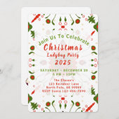 Christmas Ladybug Party Red White Green 招待状 (正面/裏面)