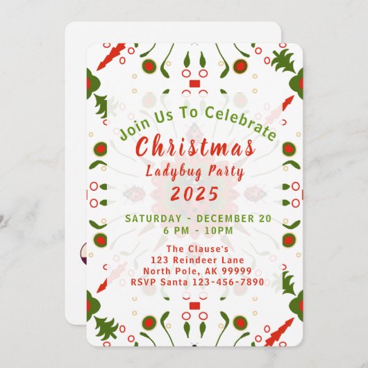 Christmas Ladybug Party Red White Green 招待状 (正面/裏面)
