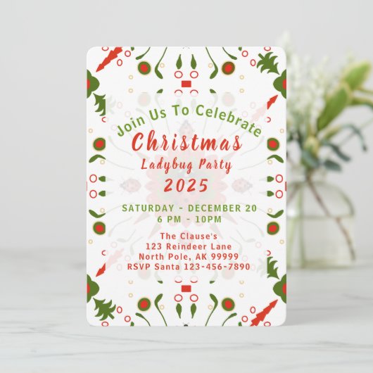 Christmas Ladybug Party Red White Green 招待状 (スタンド正面)