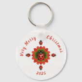 Christmas Ladybug Red Green White Round キーホルダー (正面)