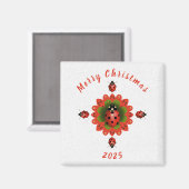 Christmas Ladybug Red Green White Square マグネット (正面/裏面)