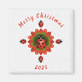 Christmas Ladybug Red Green White Square マグネット (正面)