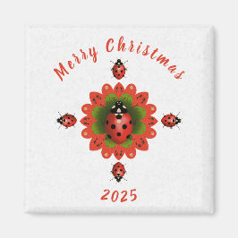 Christmas Ladybug Red Green White Square マグネット