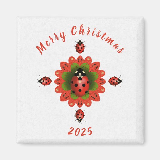 Christmas Ladybug Red Green White Square マグネット (正面)