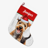 Christmas Lakeland Terrier Name Woof Background ラージクリスマスストッキング (正面 (吊り時))