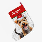 Christmas Lakeland Terrier Name Woof Background ラージクリスマスストッキング (裏面 (吊り時))