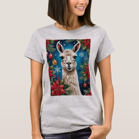 Christmas Lama With Poinsettias & Ornaments Tシャツ (正面)