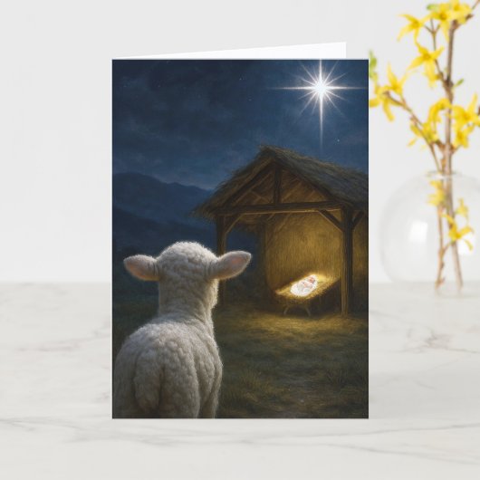 Christmas Lamb Watching Baby Jesus カード (黄色い花)
