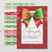 Christmas large red and green bow holiday party 招待状 (正面/裏面)