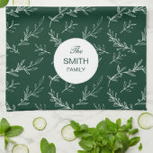 Christmas Leaves Green Pattern Custom Family Name キッチンタオル (折り畳み)