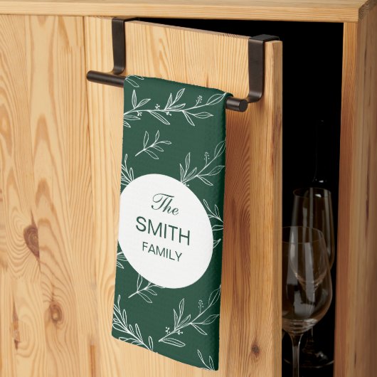 Christmas Leaves Green Pattern Custom Family Name キッチンタオル (三つ折り)