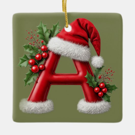 Christmas Letter A Decorated With Santa Hat セラミックオーナメント (正面)