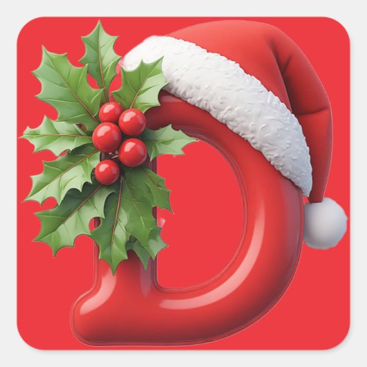 Christmas Letter D Decorated With Santa Hat スクエアシール (正面)