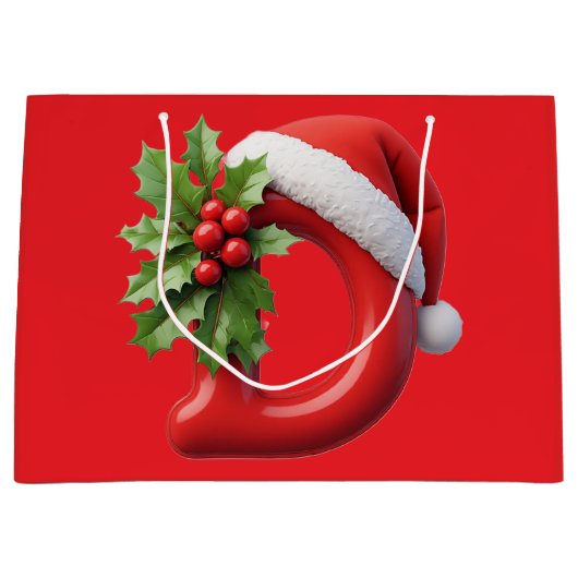 Christmas Letter D Decorated With Santa Hat ラージペーパーバッグ (正面)