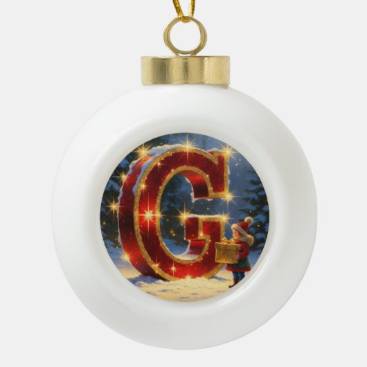 Christmas Letter G Ornament | Red Gold Monogram セラミックボールオーナメント (正面)