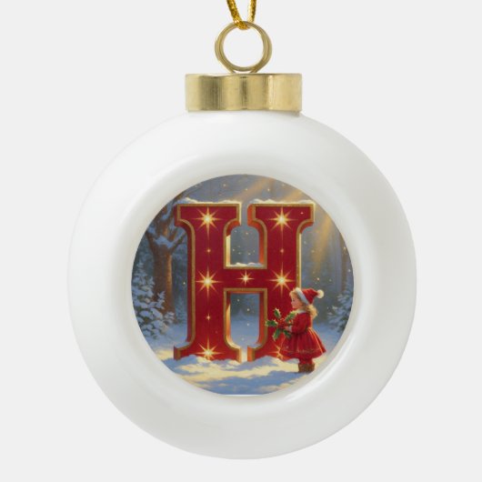 Christmas Letter H Ornament | Red Gold Monogram セラミックボールオーナメント (正面)