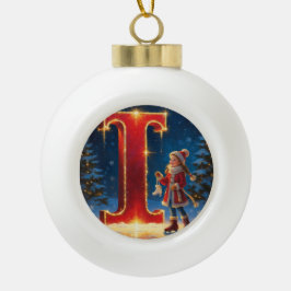 Christmas Letter I Ornament | Red Gold Monogram セラミックボールオーナメント
