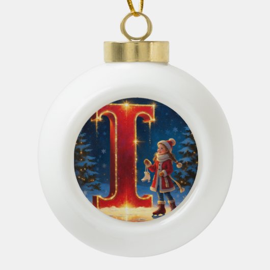 Christmas Letter I Ornament | Red Gold Monogram セラミックボールオーナメント (正面)