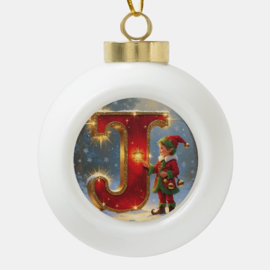 Christmas Letter J Ornament | Red Gold Monogram セラミックボールオーナメント (正面)