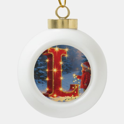 Christmas Letter L Ornament | Red Gold Monogram セラミックボールオーナメント (正面)