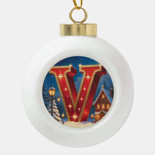 Christmas Letter V Ornament | Red Gold Monogram セラミックボールオーナメント (正面)