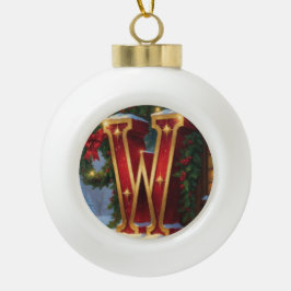 Christmas Letter W Ornament | Red Gold Monogram セラミックボールオーナメント