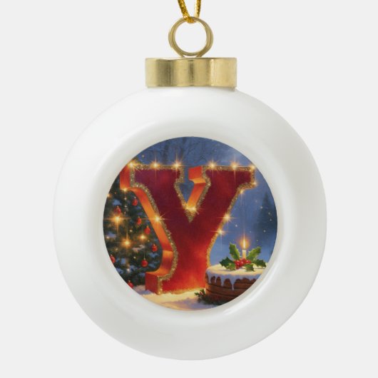 Christmas Letter Y Ornament | Red Gold Monogram セラミックボールオーナメント (正面)