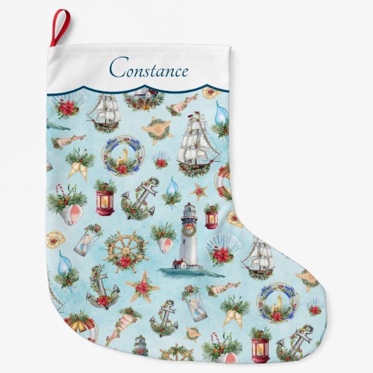 Christmas Light 航海の Houses Shipsあなたの名前を追加 ラージクリスマスストッキング (正面)