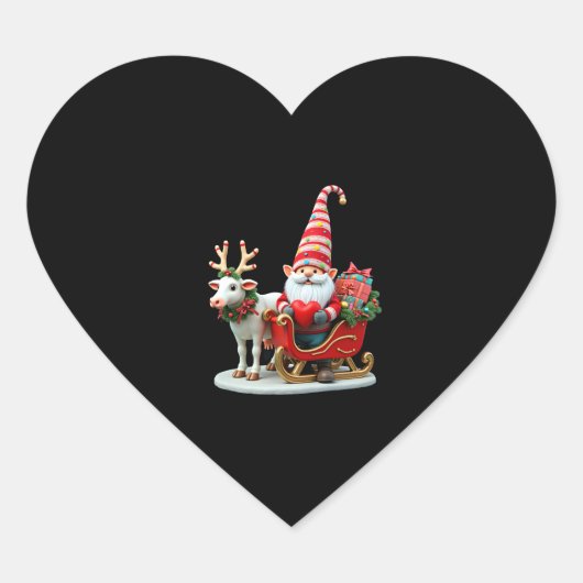 Christmas Light Gnome Santa Claus Riding Sleigh Hi ハートシール (正面)
