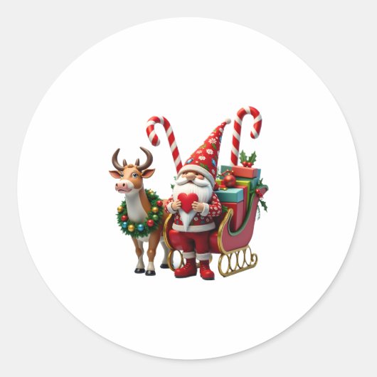Christmas Light Gnome Santa Claus Riding Sleigh Hi ラウンドシール (正面)