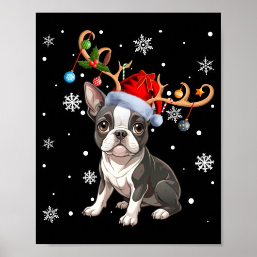 Christmas Light Reindeer Santa Hat Boston Terrier  ポスター (正面)