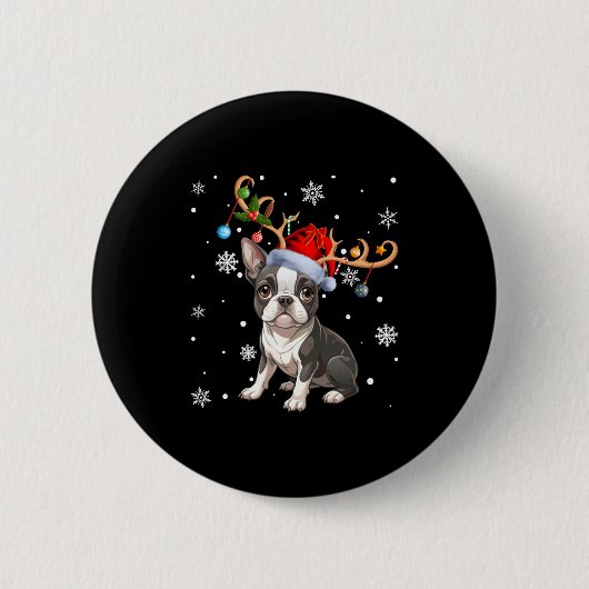 Christmas Light Reindeer Santa Hat Boston Terrier  缶バッジ (正面)