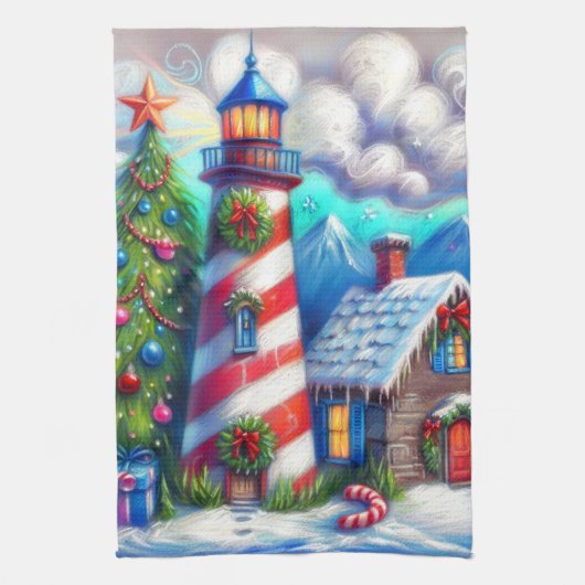 Christmas Lighthouse Nautical Coastal Mountain キッチンタオル (縦)