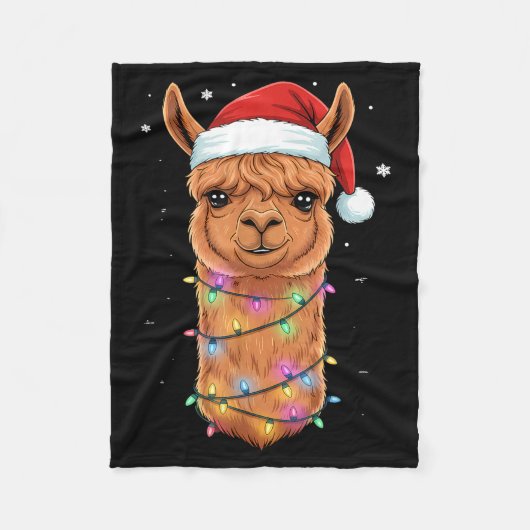 Christmas Lights Alpaca Santa Hat Llama Cute Xmas フリースブランケット (正面)