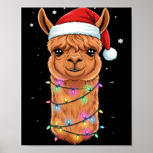 Christmas Lights Alpaca Santa Hat Llama Cute Xmas  ポスター (正面)
