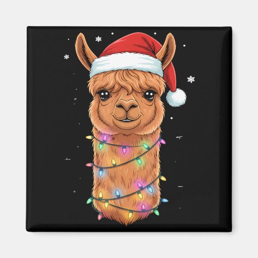 Christmas Lights Alpaca Santa Hat Llama Cute Xmas マグネット (正面)