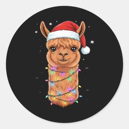 Christmas Lights Alpaca Santa Hat Llama Cute Xmas  ラウンドシール (正面)